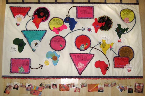 A sewn wall-hanging made by the elders with with Madhumita Bose, an Indian artist with much experience of working with older people with dementia